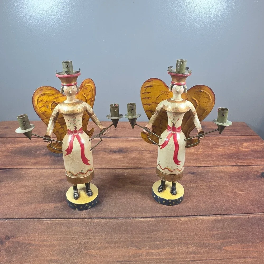 Angel Candle Holder Set 2 Home Decor OS Cream Good Folk Art Metal Pair
